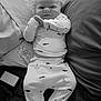 baby, bed, black_and_white, blanket, clothing, comfort, cute, face, hands, indoor, infant, lying_down, pajamas, person, pillow, relaxed, rest, smile, whale_pattern, young_child