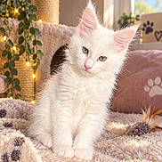Bounty participe au concours pour gagner de l'argent avec cette photo : kitten, cat, white_fur, fluffy, blue_eyes, pink_ears, pink_nose, sitting, pet, animal, portrait, indoor, cozy, blanket, couch, fairy_lights, houseplant, toy_mouse, soft_lighting, home_decor