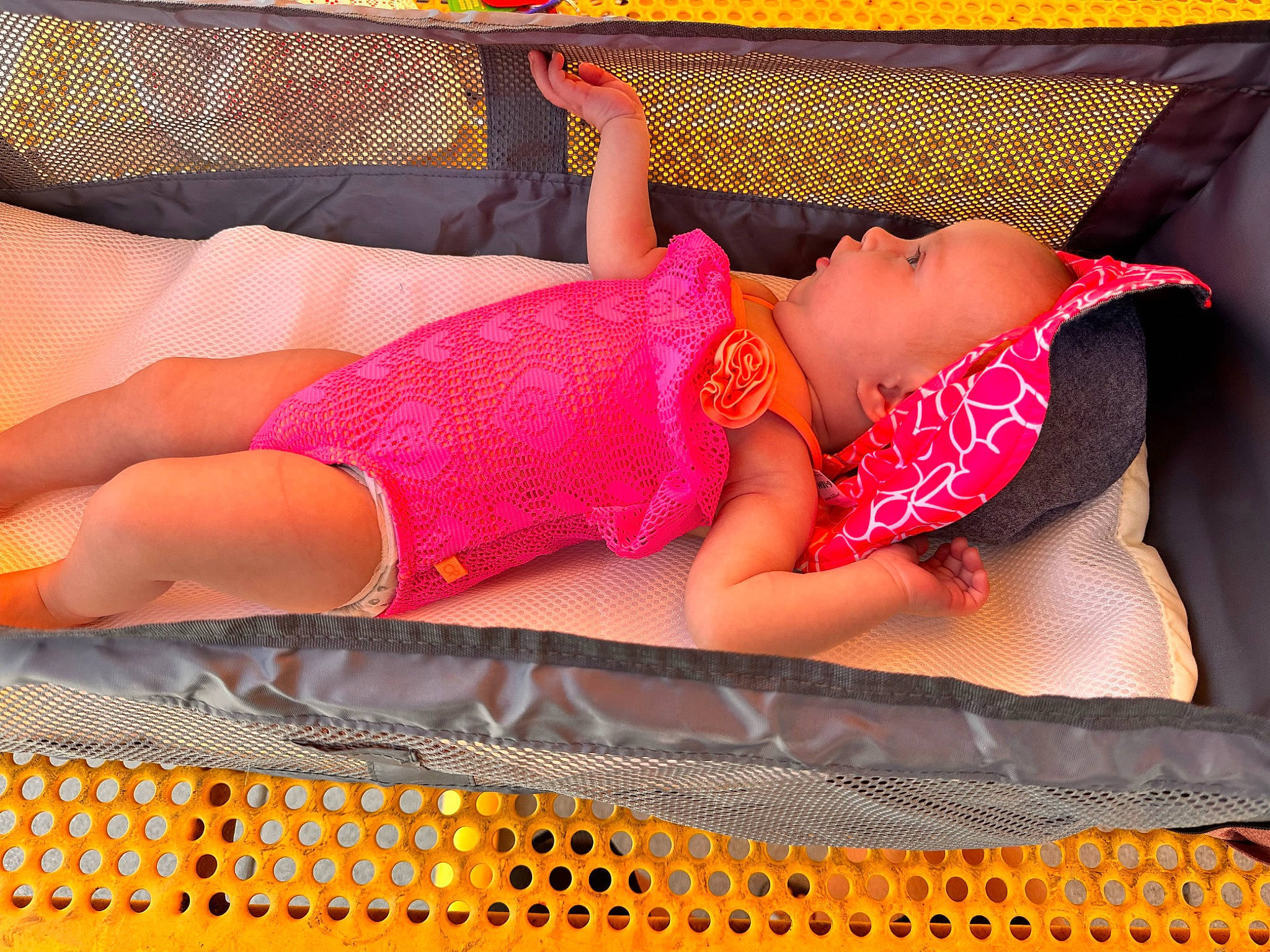 Addalyn joined the competition — help win amazing prizes! abdomen, baby, baby_toddler_clothing, comfort, fashion_accessory, foot, fun, human_leg, lap, leg, leisure, linens, magenta, pattern, person, pink, product, sunglasses, textile, thigh