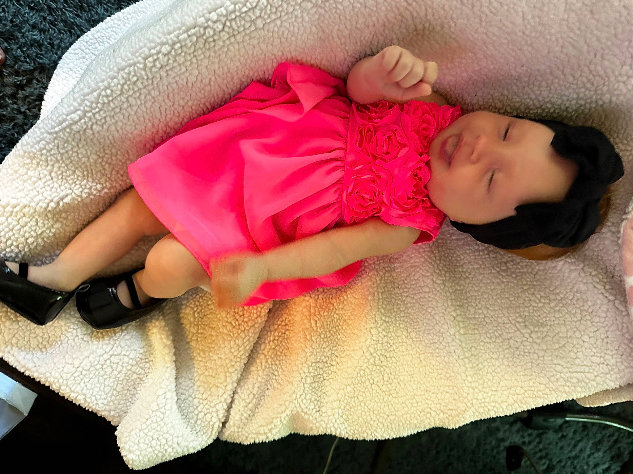 Addalyn is registered to the contest to win money with this photo: baby, baby_products, baby_sleeping, baby_toddler_clothing, child, comfort, dress, eye, foot, leg, linens, magenta, nail, pattern, person, pink, skin, sleeve, textile, toddler