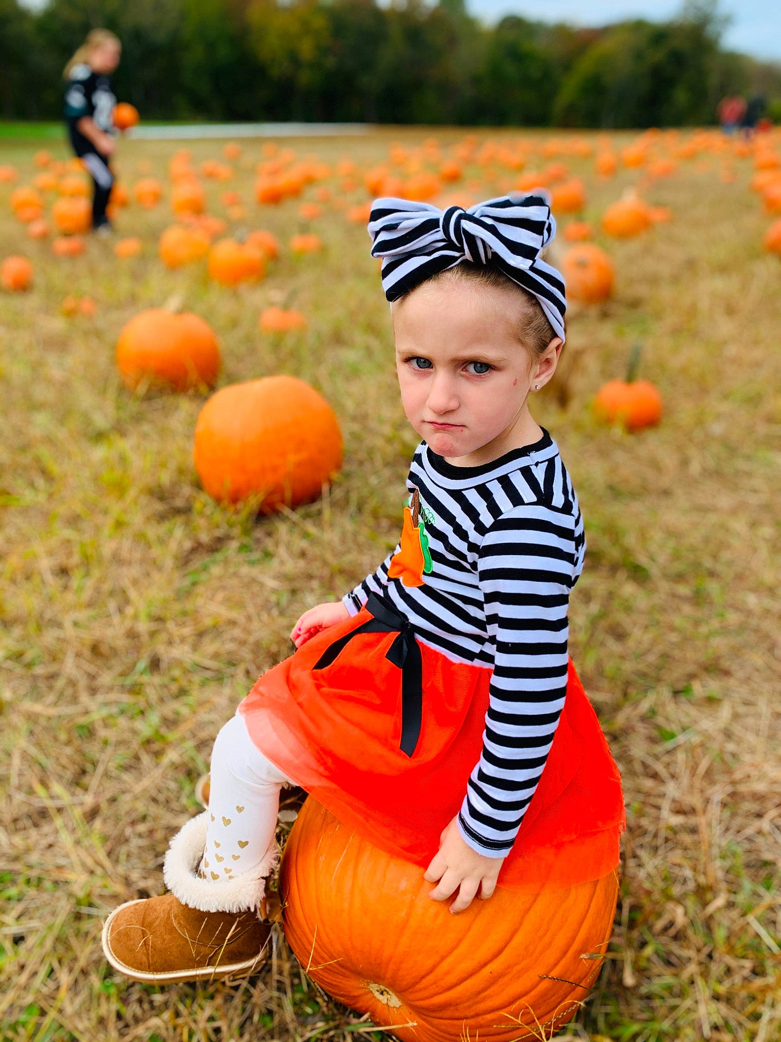Sophia joined the competition — help win amazing prizes! autumn, baby, calabaza, child, costume, cucurbita, grass, headwear, orange, people_in_nature, person, plant, play, pumpkin, squash, toddler, winter_squash