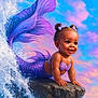 fantasy, mermaid, baby, purple_tail, ocean, waves, rock, smiling, childlike, water, sunset_sky, clouds, cute, playful, mythical_creature, portrait, hair_buns, colorful, imaginative, artistic
