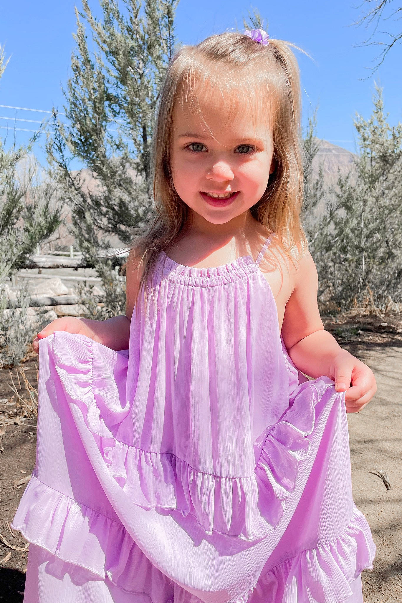 Marley joined the competition — help win amazing prizes! arm, baby_toddler_clothing, day_dress, dress, face, formal_wear, grass, happy, magenta, one_piece_garment, outerwear, people_in_nature, person, pink, purple, shoulder, sky, sleeve, smile, tree