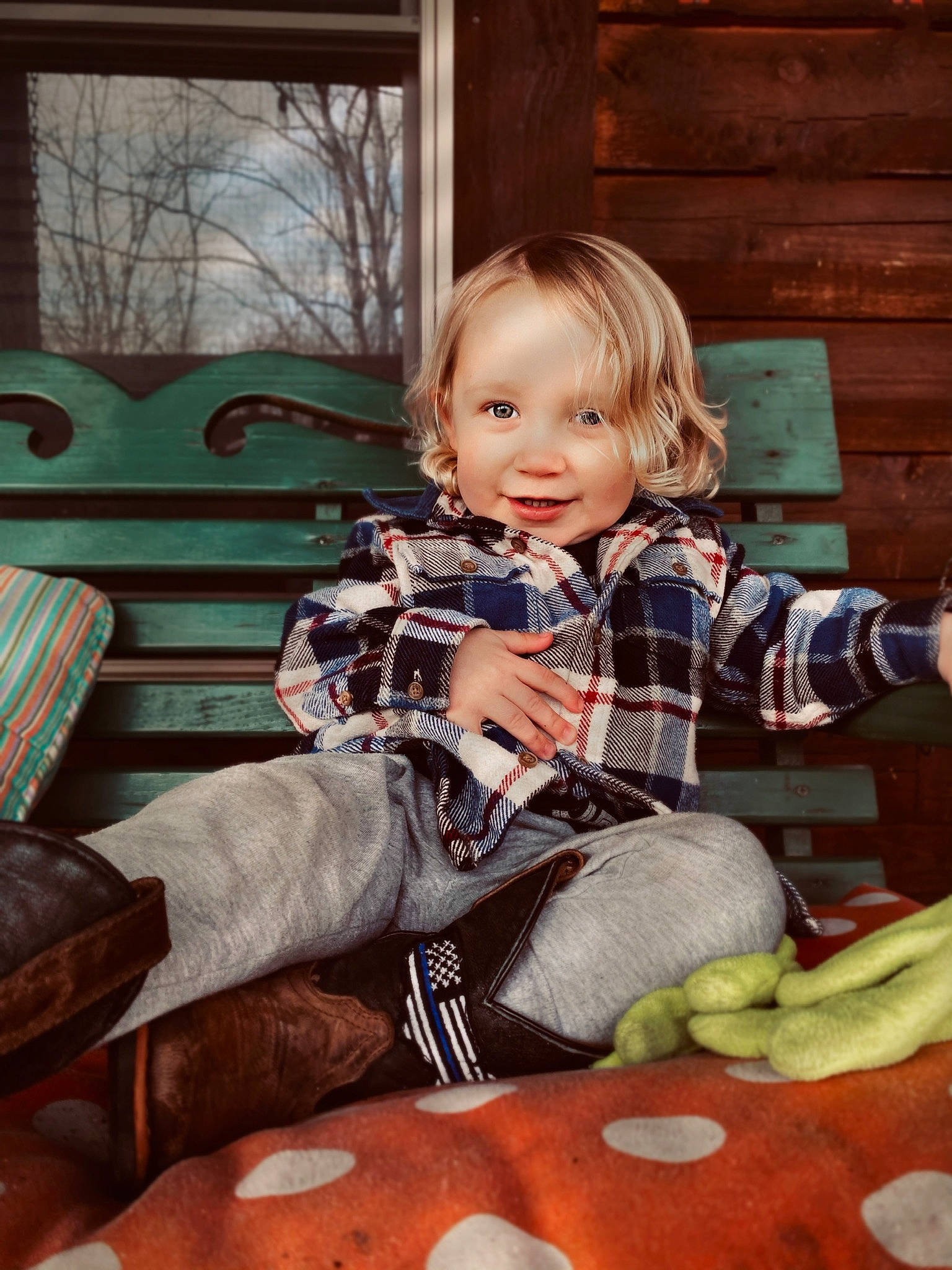 Case Allen joined the competition — help win amazing prizes! bench, child, christmas, couch, event, flooring, fun, happy, holiday, joy, leisure, pattern, person, plaid, sitting, smile, t_shirt, tableware, toddler, tree