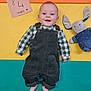 baby, infant, smile, overalls, plaid_shirt, toy_bunny, playmat, milestone_card, four_months, portrait, cute, lying_down, feet, fabric_toy, green, yellow, orange, checkered, happy, corduroy