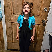 Davina is registered to the contest to win money with this photo: black_outfit, blue_shrug, bows, casual, child, door_lock, floor, girl, hair_tied, indoor, jewelry, leopard_print_shoe, necklace, person, rustic, shoes, smiling, standing, wood, wooden_door