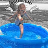 black_and_white_background, blue, cartoon_hands, child, fun, grass, happy, inflatable_pool, kid, outdoor, play, pool, residential_area, sidewalk, splash, splashing, summer, sunlight, text_overlay, water