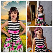 Davina joined the competition — help win amazing prizes! child, girl, purple_hair, striped_dress, floral_pattern, indoor, outdoor, door, wooden_floor, portrait, smiling, standing, collage, distorted_image, colorful, pink, black_and_white, young, person, background