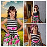 child, girl, purple_hair, striped_dress, floral_pattern, indoor, wooden_floor, wooden_door, gray_backdrop, standing, posing, portrait, collage, smiling, curious, colorful, young, person, photography, pixelated