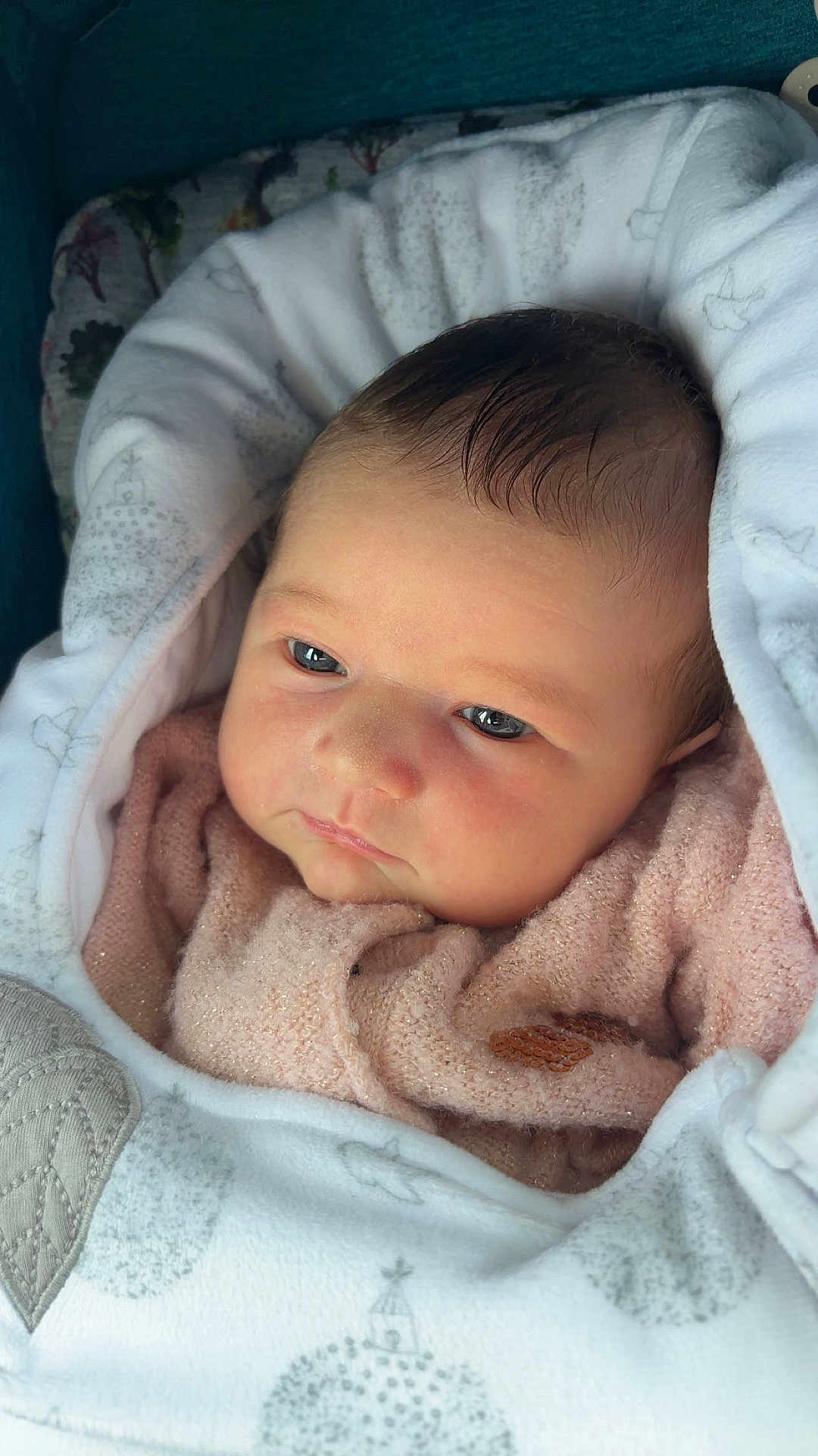 Lyana a rejoint le concours — aidez-le/la à gagner de superbes lots ! baby, infant, blanket, pink_sweater, face, eyes, soft_texture, cozy, warm, indoors, newborn, child, portrait, cute, wrapped, sleepy, skin, head, closeup, resting