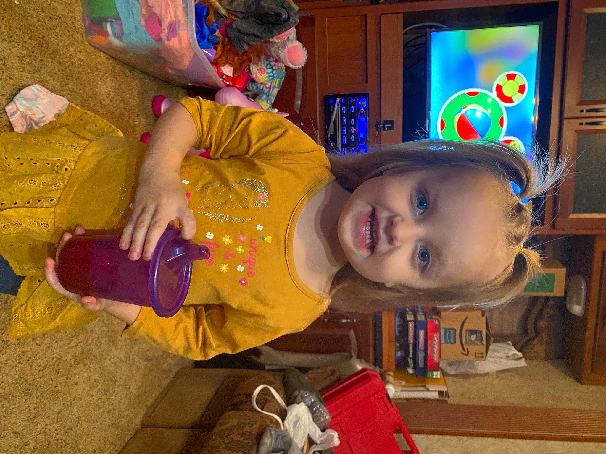 Brynnlee joined the competition — help win amazing prizes! baby, baby_toddler_clothing, baby_toys, child, computer_monitor, costume, fun, house, joy, party, person, picture_frame, play, room, toddler, toy