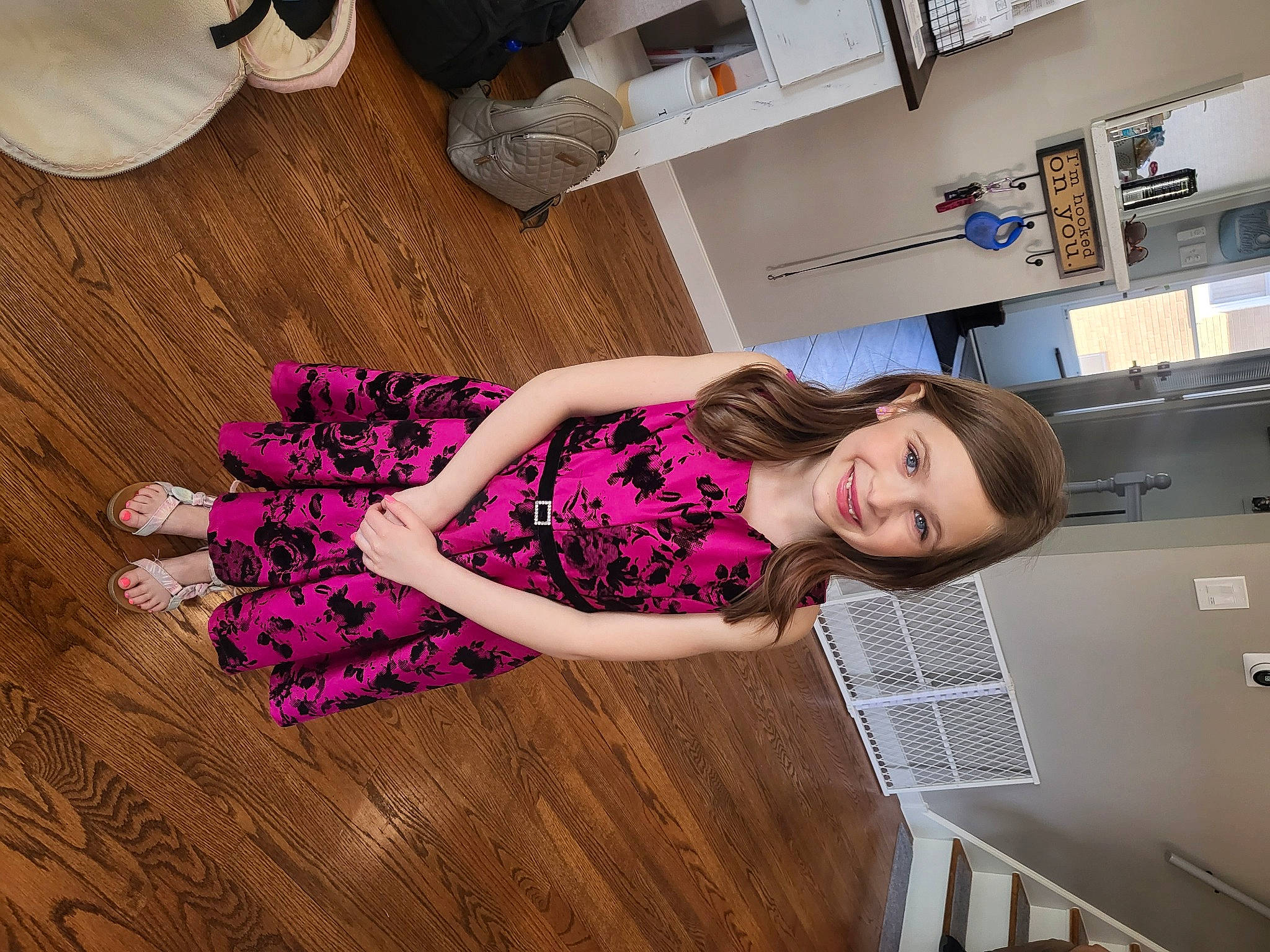 Sophia is registered to the contest to win money with this photo: abdomen, arm, fashion_design, floor, flooring, happy, hardwood, human_leg, joint, joy, leg, long_hair, magenta, person, purple, shoulder, smile, sportswear, thigh, trunk