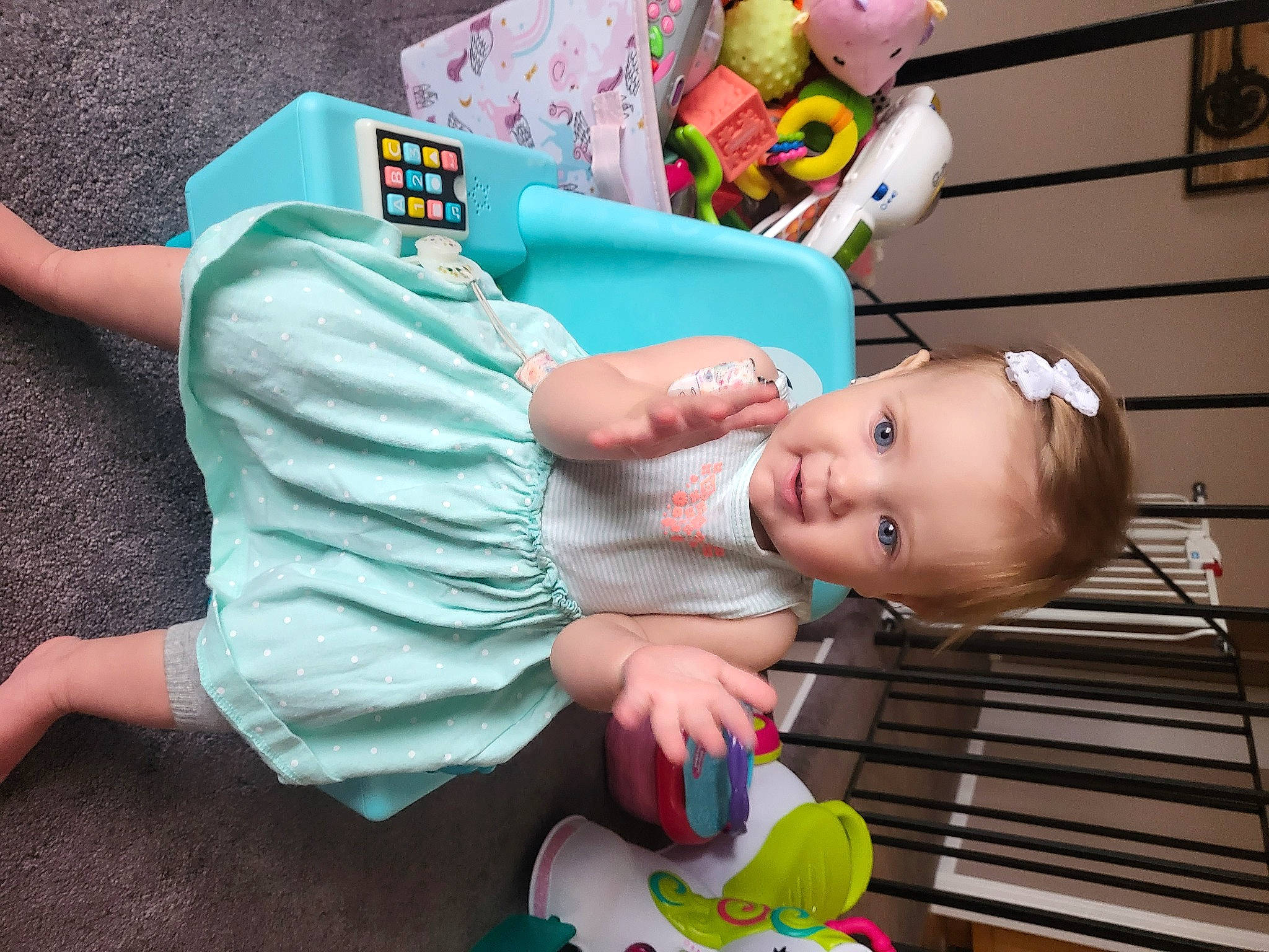 Adaline joined the competition — help win amazing prizes! baby, baby_products, baby_safety, baby_toddler_clothing, baby_toys, cheek, child, comfort, fun, green, happy, person, pink, play, room, sitting, textile, toddler, toy, wood