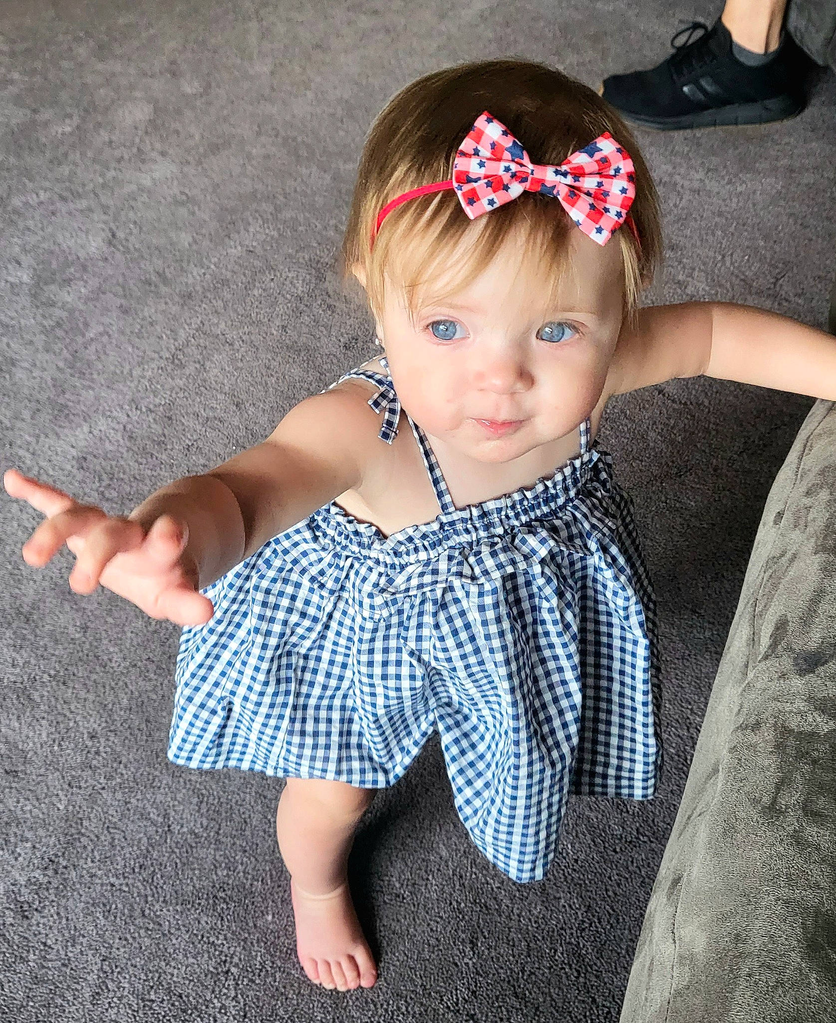 Adaline joined the competition — help win amazing prizes! baby_toddler_clothing, day_dress, dress, eye, face, finger, flash_photography, grass, hair, hand, head, headgear, iris, lip, pattern, pink, skin, sleeve, smile, toddler