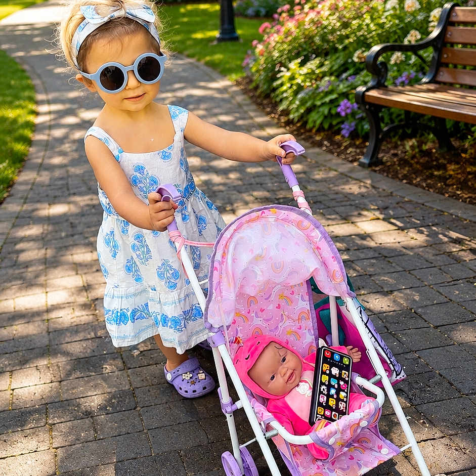 Ocean Rae is registered to the contest to win money with this photo: toddler, child, sunglasses, headband, dress, toy_stroller, doll, toy_phone, pathway, garden, flowers, bench, sunlight, shoes, outdoor, summer, play, cute, park, greenery