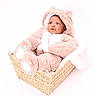 baby, infant, child, basket, onesie, bear_costume, fluffy, cute, portrait, soft, blanket, white_background, cozy, pout, wide_eyes, seated, adorable, warm, indoor, newborn