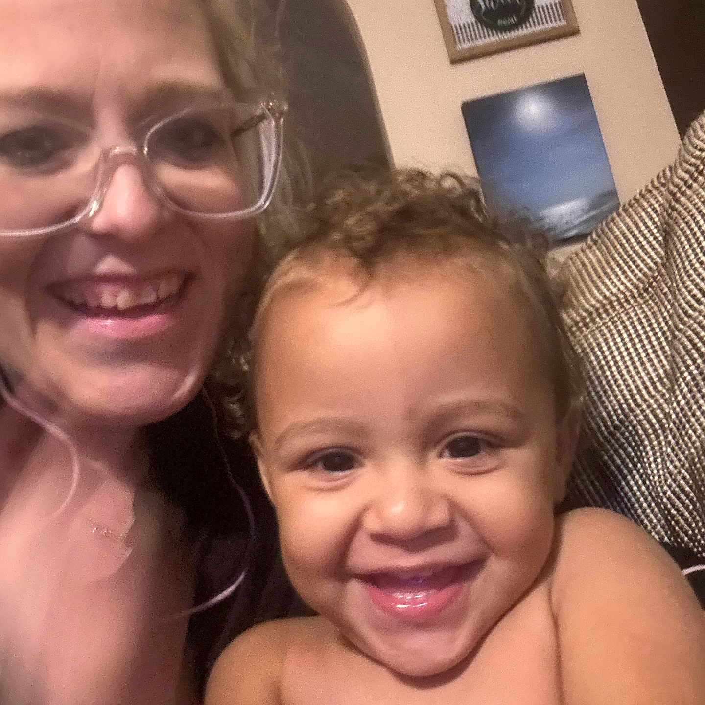 Destin joined the competition — help win amazing prizes! child, toddler, woman, glasses, smile, indoor, portrait, happy, face, curly_hair, person, couch, home, skin, closeup, family, together, casual, fun, cheerful