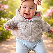Iris a rejoint le concours — aidez-le/la à gagner de superbes lots ! baby, child, smiling, face, headband, bow, jacket, pants, outdoor, garden, flowers, sunlight, person, cute, happy, portrait, infant, nature, path, holding