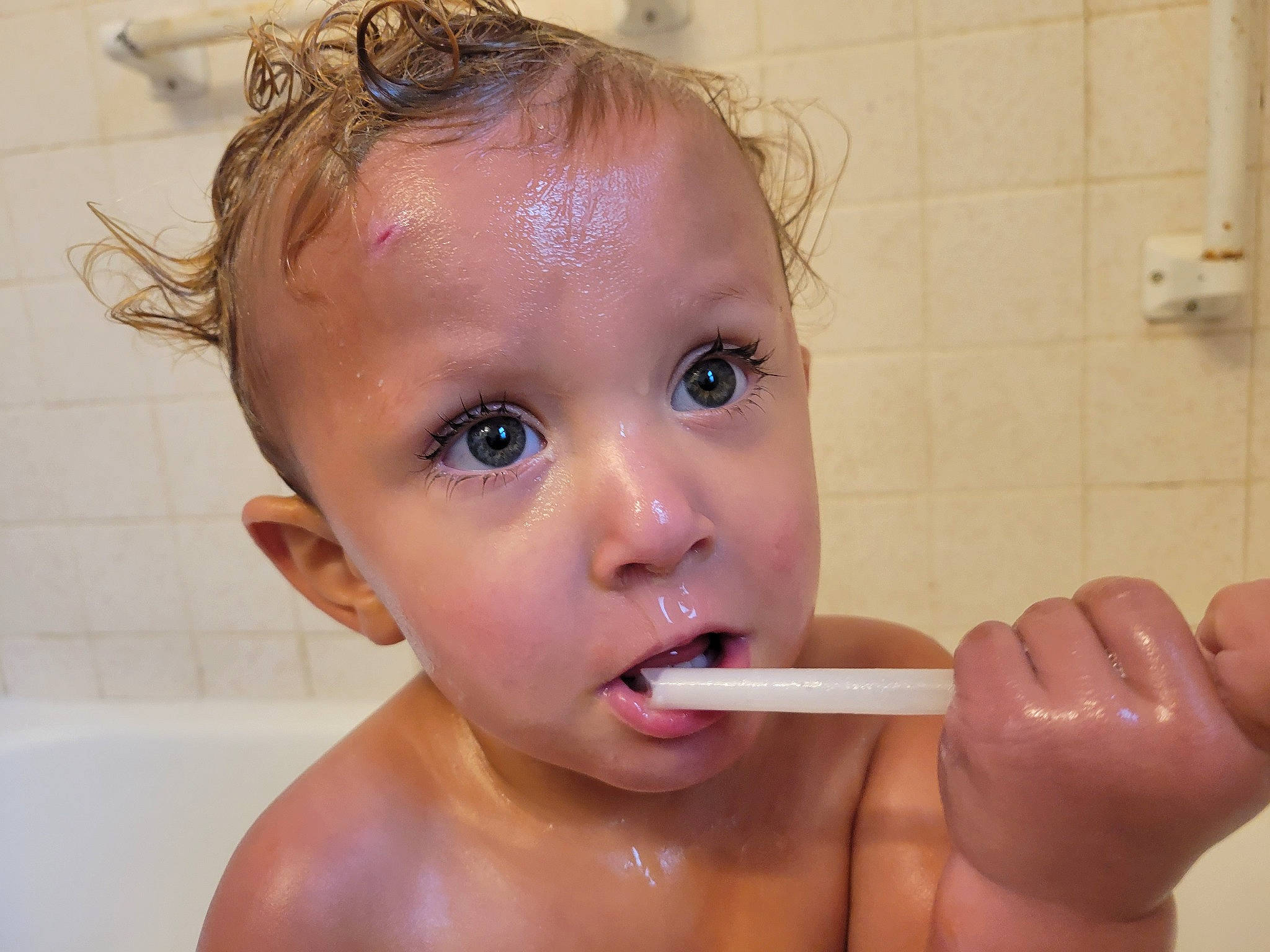 Lena is registered to the contest to win money with this photo: baby_bathing, bathing, bathroom, brush, cheek, ear, eye, eyelash, fluid, hair, iris, jaw, lip, mouth, neck, nose, person, skin, tooth, tooth_brushing
