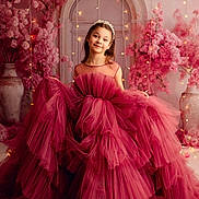 Amy participe au concours pour gagner de l'argent avec cette photo : celebration, child, decor, dress, elegant, fairy_lights, fashion, flowers, girl, happy, headband, indoor, long_hair, magenta, pink, portrait, posing, smile, tulle, vintage