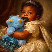 Leilani joined the competition — help win amazing prizes! adorable, baby, blue_dinosaur, child, costume, cuddly, curly_hair, cute, dress, golden_gown, indoor, lace, pacifier, plush_toy, portrait, royalty, stuffed_animal, tiara, warm_lighting, young_child