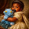 baby, child, pacifier, tiara, stuffed_animal, blue_dinosaur, dress, lace, portrait, curly_hair, cuddly, golden_gown, indoor, cute, adorable, young_child, plush_toy, royalty, costume, warm_lighting
