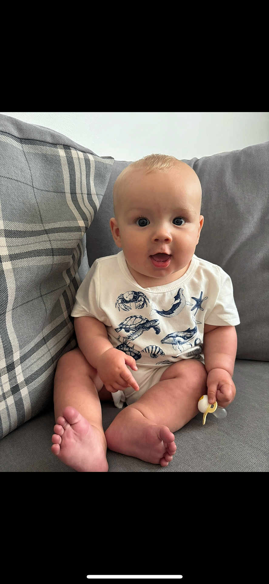 Carson is registered to the contest to win money with this photo: baby, child, couch, plaid_pillow, onesie, pacifier, sitting, indoor, cute, chubby, smiling, face, feet, hands, curious, infant, marine_animals, white_clothing, soft_fabric, homedecor