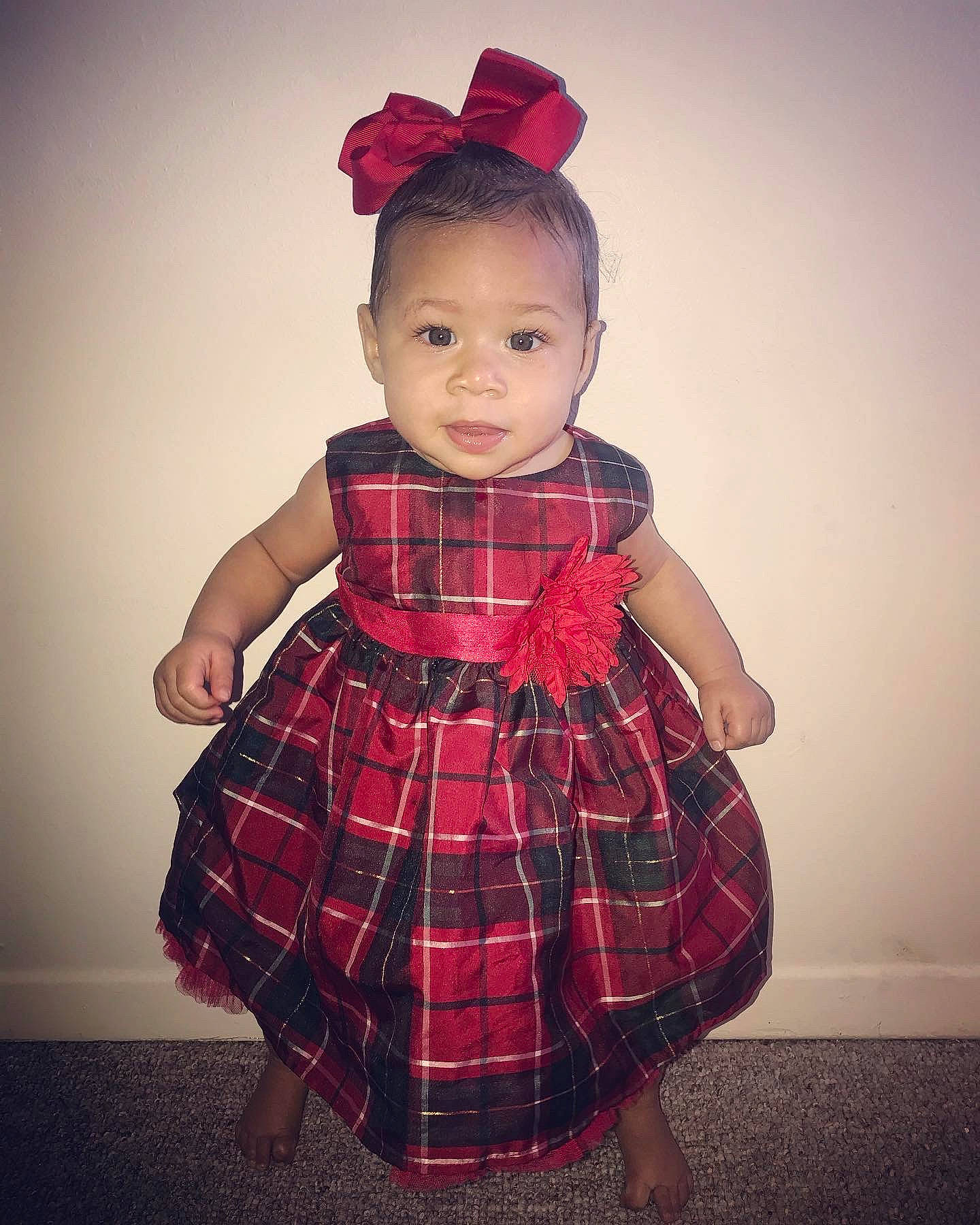 Ava Grace joined the competition — help win amazing prizes! baby_toddler_clothing, child, clothing, costume_accessory, day_dress, dress, fashion, hair_accessory, magenta, maroon, one_piece_garment, pattern, person, pink, plaid, purple, red, sleeve, tartan, textile
