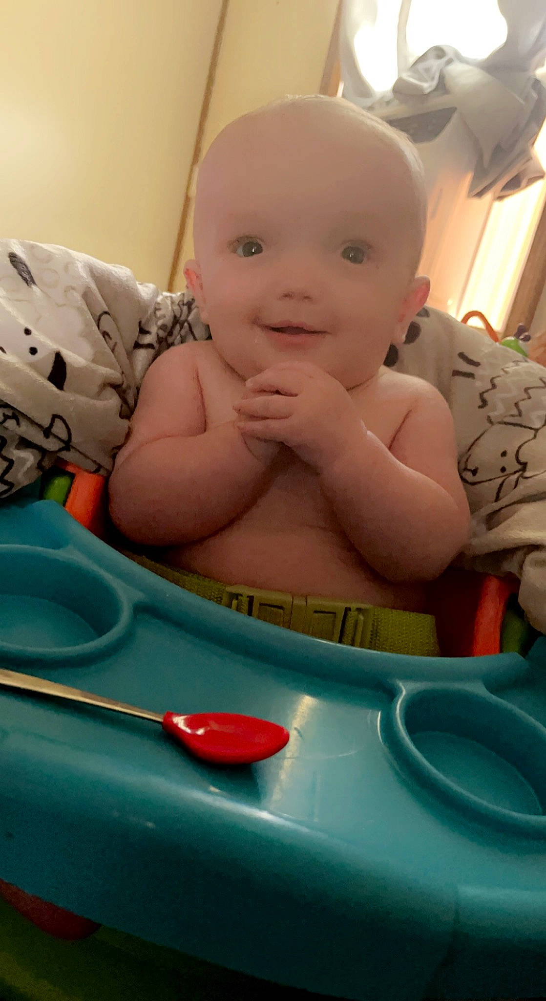 Gordon joined the competition — help win amazing prizes! baby, baby_playing_with_toys, baby_products, baby_safety, baby_toddler_clothing, baby_toys, bathing, cheek, child, dishware, eyebrow, happy, kitchen_utensil, nose, person, sitting, skin, smile, tableware, thumb