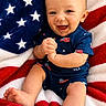 baby, infant, smiling, blue_eyes, usa_outfit, american_flag, blanket, red, white, blue, cute, happy, child, portrait, sitting, fuzzy_texture, patterned_clothing, small_hand, barefoot, closeup