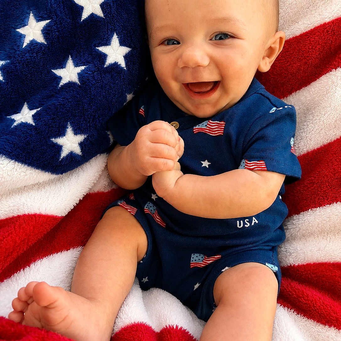 Kaiden Kopas joined the competition — help win amazing prizes! baby, infant, smiling, blue_eyes, usa_outfit, american_flag, blanket, red, white, blue, cute, happy, child, portrait, sitting, fuzzy_texture, patterned_clothing, small_hand, barefoot, closeup