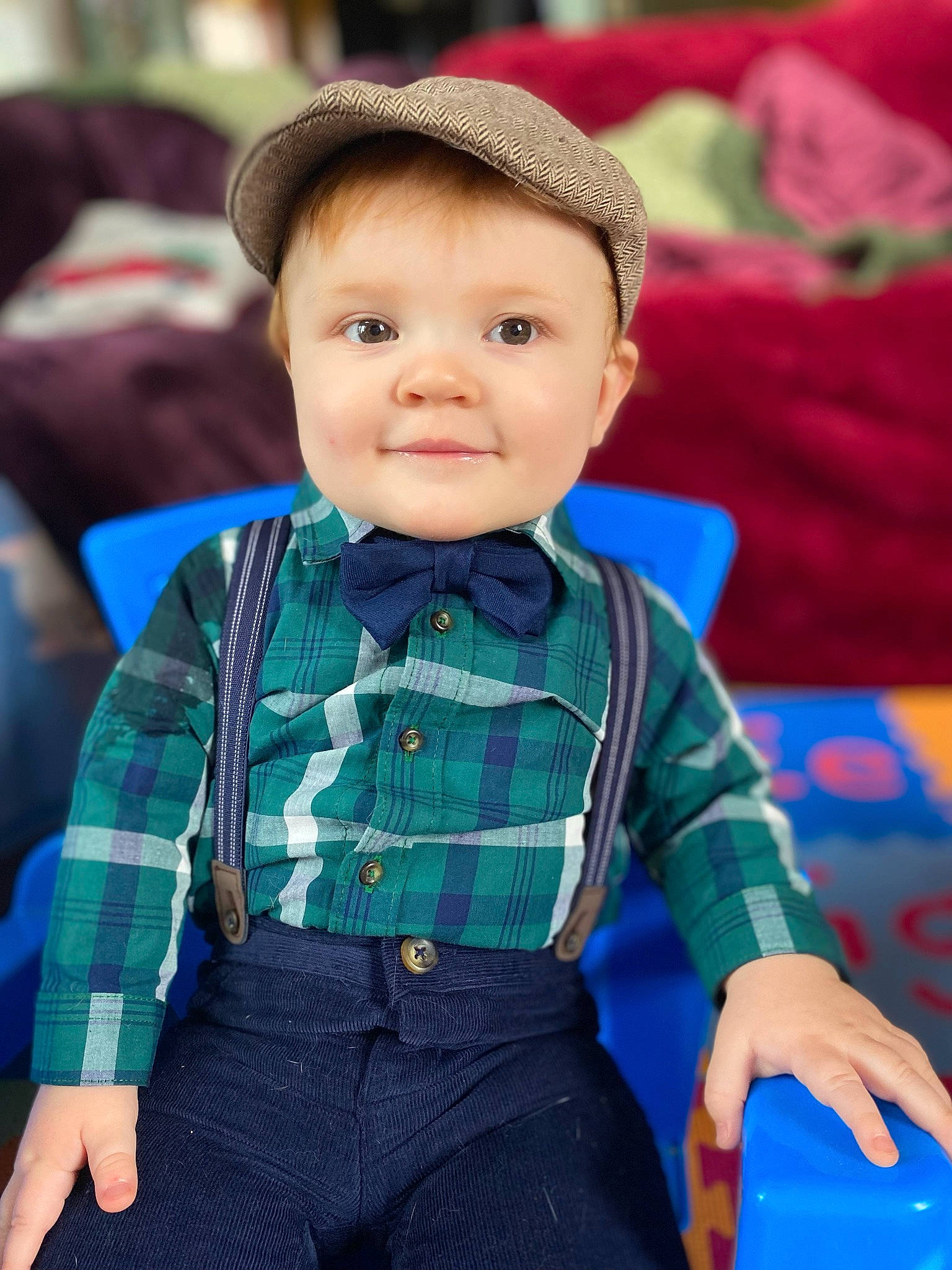 Greyson joined the competition — help win amazing prizes! blue, cap, dress_shirt, eye, face, facial_expression, fun, happy, hat, head, headgear, headwear, human, joy, outerwear, person, plaid, skin, sleeve, smile