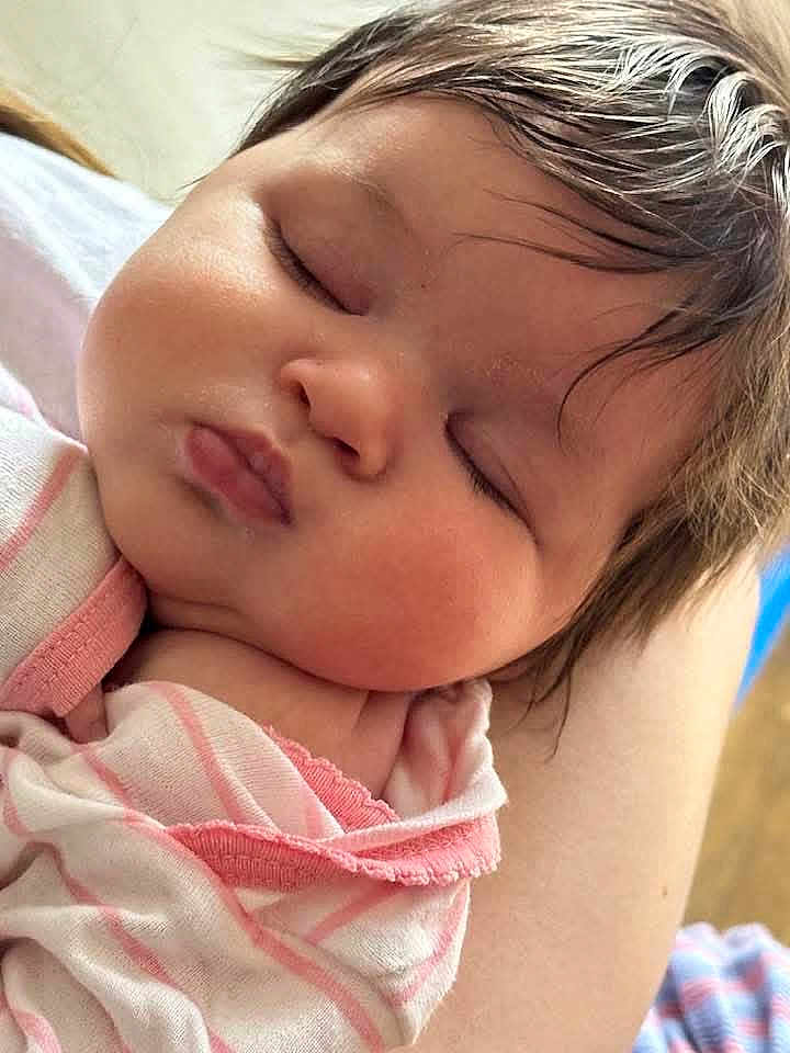 Scotlynne joined the competition — help win amazing prizes! baby, sleeping, close_up, face, chubby_cheeks, hair, blanket, striped_clothing, arm, peaceful, soft_lighting, infant, resting, cute, skin, portrait, child, indoors, comfort, toddler