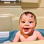 baby, bathtub, bath, child, cute, face, happy, indoors, infant, joy, kid, person, portrait, skin, smile, toddler, water, wet, young, curly_hair