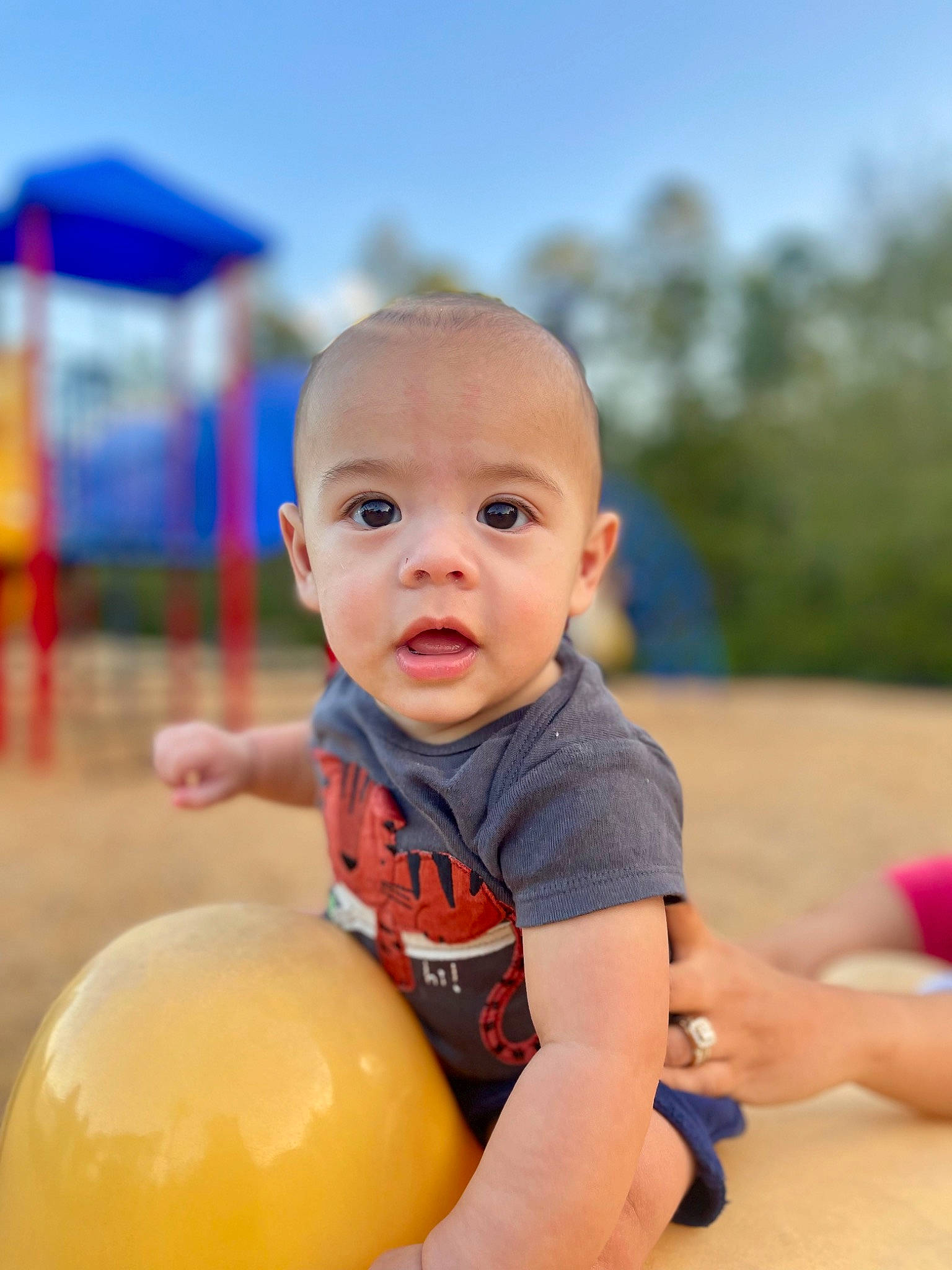 Kaizer is registered to the contest to win money with this photo: baby, baby_playing_with_toys, baby_toddler_clothing, ball, child, flash_photography, fun, happy, leisure, party_supply, people_in_nature, person, play, playing_with_kids, portrait_photography, recreation, sand, sitting, sky, t_shirt