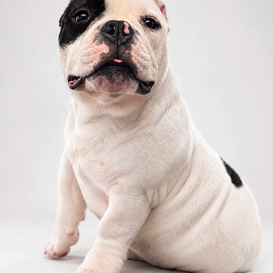 Maximus joined the competition — help win amazing prizes! bulldog, puppy, dog, pet, white_background, sitting, cute, animal, portrait, studio, fur, black_patch, tongue, young_dog, mammal, domestic_animal, closeup, adorable, friendly, companion