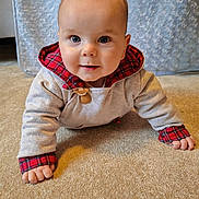 Hudson joined the competition — help win amazing prizes! baby, infant, crawling, carpet, hoodie, plaid, red, gray, child, cute, indoors, face, eyes, hands, person, portrait, smiling, young, cozy, expression