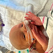 Colt is registered to the contest to win money with this photo: newborn, baby, infant, hospital, blanket, nasal_cannula, medical, towel, child, premature, fragile, hands, face, resting, healthcare, patient, cute, wrapped, bed, closeup