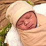baby, newborn, infant, swaddled, beanie_hat, hat, sleeping, closed_eyes, face, cheeks, nose, blanket, soft_texture, beige, cozy, portrait, newborn_photography, basket, greenery, peaceful