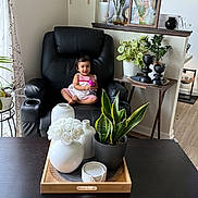Misha joined the competition — help win amazing prizes! child, toddler, chair, black_leather, table, tray, vase, white_flowers, plant, potted_plant, toy, smiling, indoor, living_room, photograph, curtain, wood_floor, decor, furniture, person