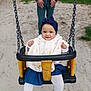 Yaëlle a rejoint le concours — aidez-le/la à gagner de superbes lots ! adult, blue_skirt, chain, child, footwear, happy, headband, jacket, outdoor, park, person, play, playground, sand, seat, smile, swing, toddler, toy, white_tights