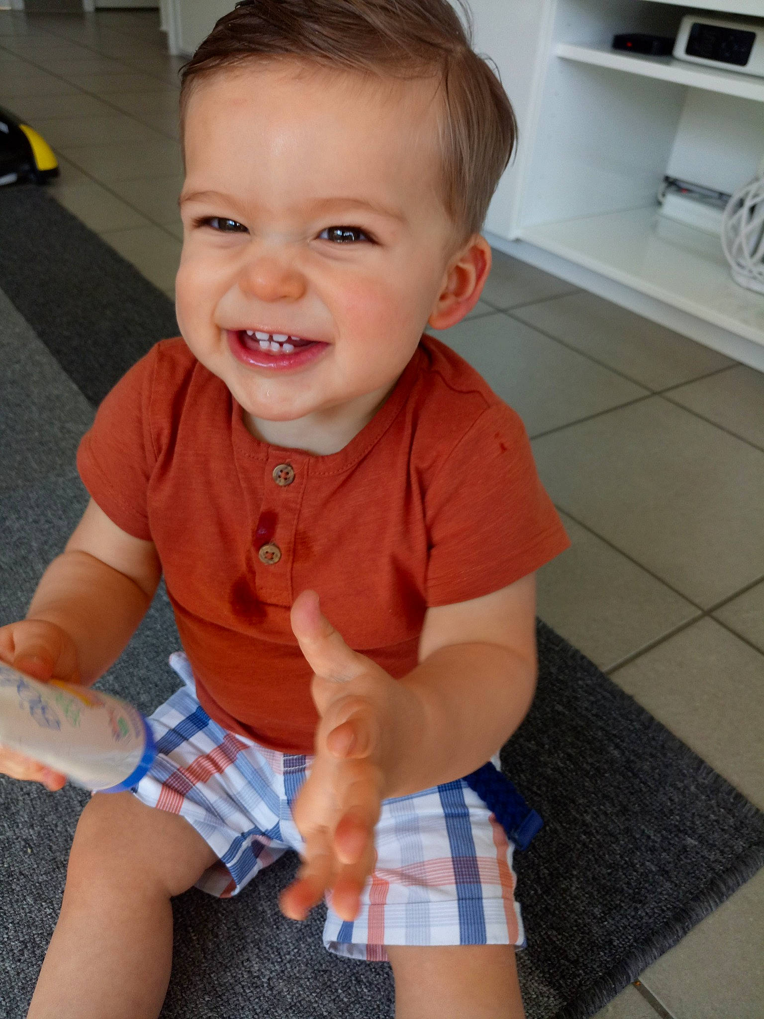 Ricardo participe au concours pour gagner de l'argent avec cette photo : baby, baby_toddler_clothing, cheek, child, design, face, facial_expression, head, joy, leg, pattern, person, plaid, sitting, skin, smile, standing, toddler