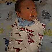 Grimm joined the competition — help win amazing prizes! baby, swaddled, pacifier, blanket, dinosaur_pattern, infant, cute, sleeping_area, child, newborn, soft_lighting, portrait, indoors, cozy, wrapped, blue_clothing, face, lying_down, young_child, comfort