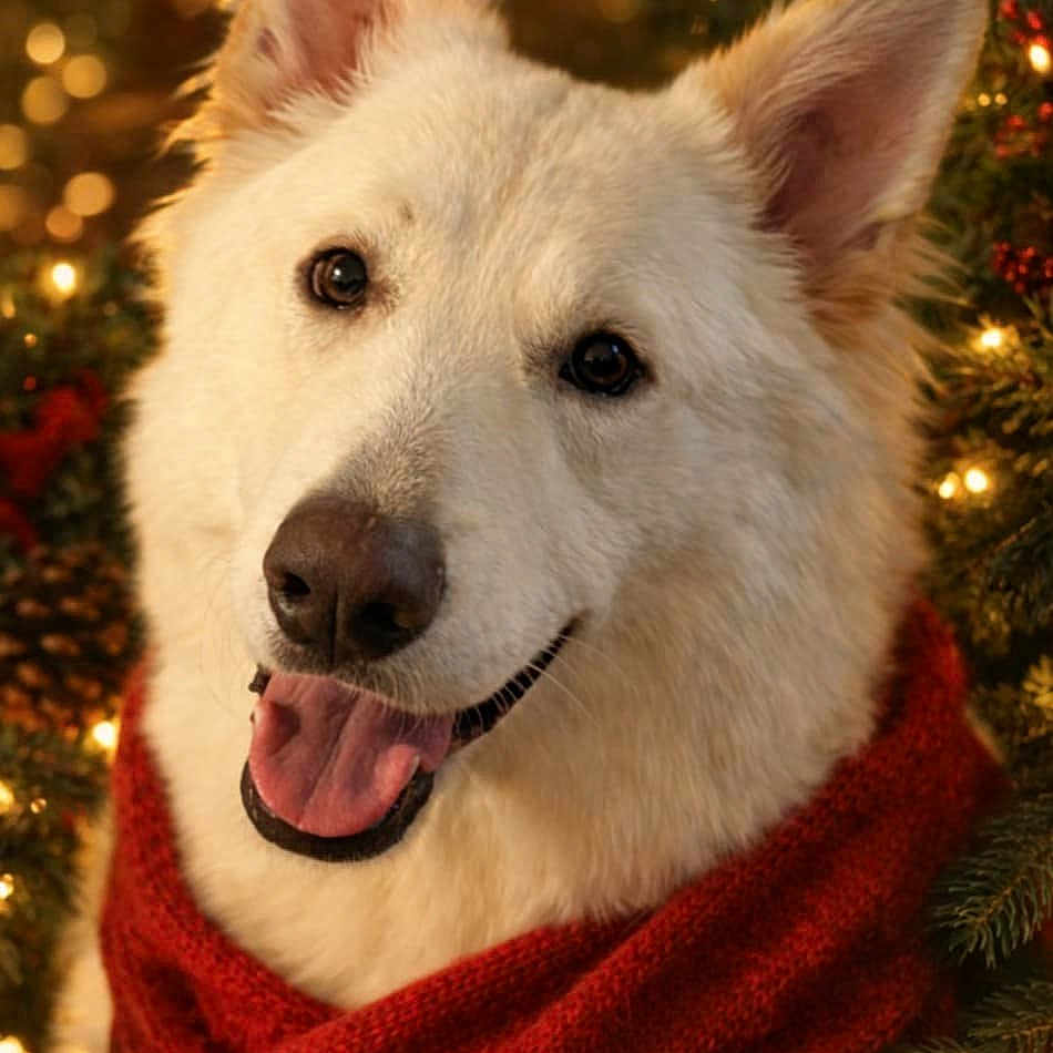 Irish is registered to the contest to win money with this photo: bokeh, christmas_tree, close_up, cozy, decorations, dog, evergreen, festive, happy, holiday, indoors, lights, pet, pine_cones, portrait, red_scarf, scarf, smiling, white_dog, winter