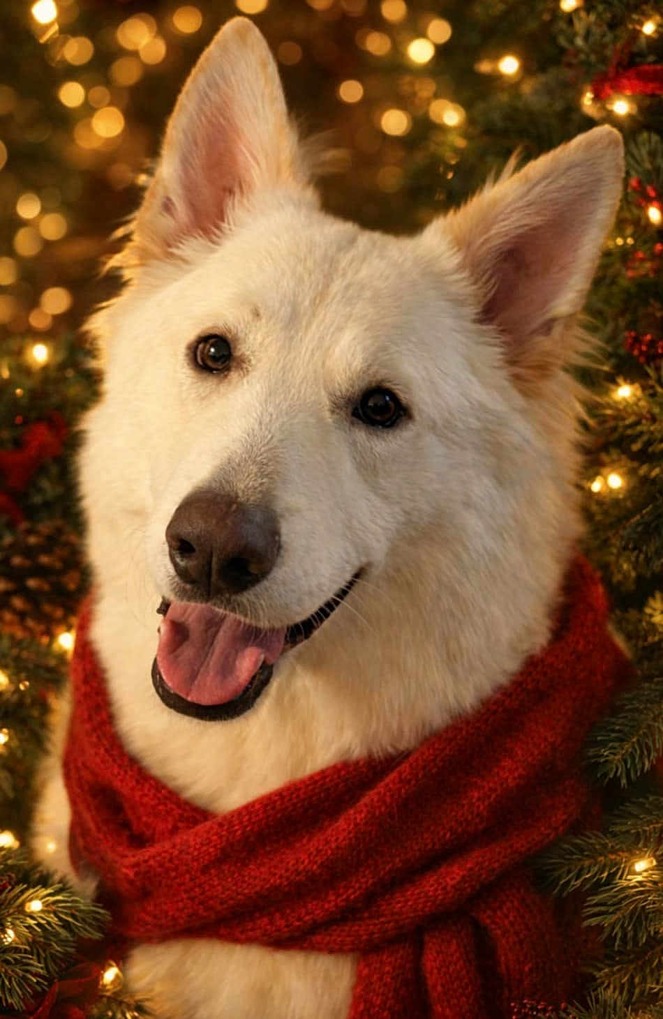 Irish is registered to the contest to win money with this photo: dog, white_dog, scarf, red_scarf, smiling, christmas_tree, holiday, festive, lights, bokeh, pine_cones, evergreen, portrait, close_up, happy, pet, winter, cozy, decorations, indoors
