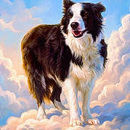 Alex joined the competition — help win amazing prizes! alex, animal, black_and_white, border_collie, clouds, digital_art, dog, fluffy, heavenly, illustration, long_hair, memorial, open_mouth, outdoor, pet, portrait, rainbow_bridge, sky, standing, text