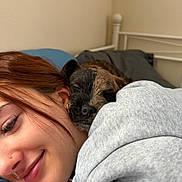 Stitch joined the competition — help win amazing prizes! person, dog, puppy, face, smile, sleeping, bed, pillow, blanket, earring, nose_piercing, hair, skin, eyelashes, clothing, casual, indoor, relaxation, closeup, affection