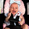 Riley Faye joined the competition — help win amazing prizes! baby, infant, car_seat, headband, bow, pink_cushion, white_outfit, smiling, laughing, happy, child, safety_harness, seatbelt, cute, portrait, indoor, closeup, human, person, baby_girl