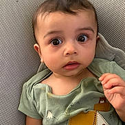 Dylan is registered to the contest to win money with this photo: baby, child, infant, green_shirt, curious, wide_eyes, indoor, textured_background, seated, casual_clothing, portrait, young_child, cute, small_hands, comfort, expression, face, person, closeup, adorable