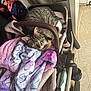 cat, tabby_cat, stroller, blanket, butterfly_pattern, pet, feline, fur, green_eyes, indoor, cozy, soft_texture, baby_stroller, wheels, handlebar, fabric, resting, curious, comfort, household